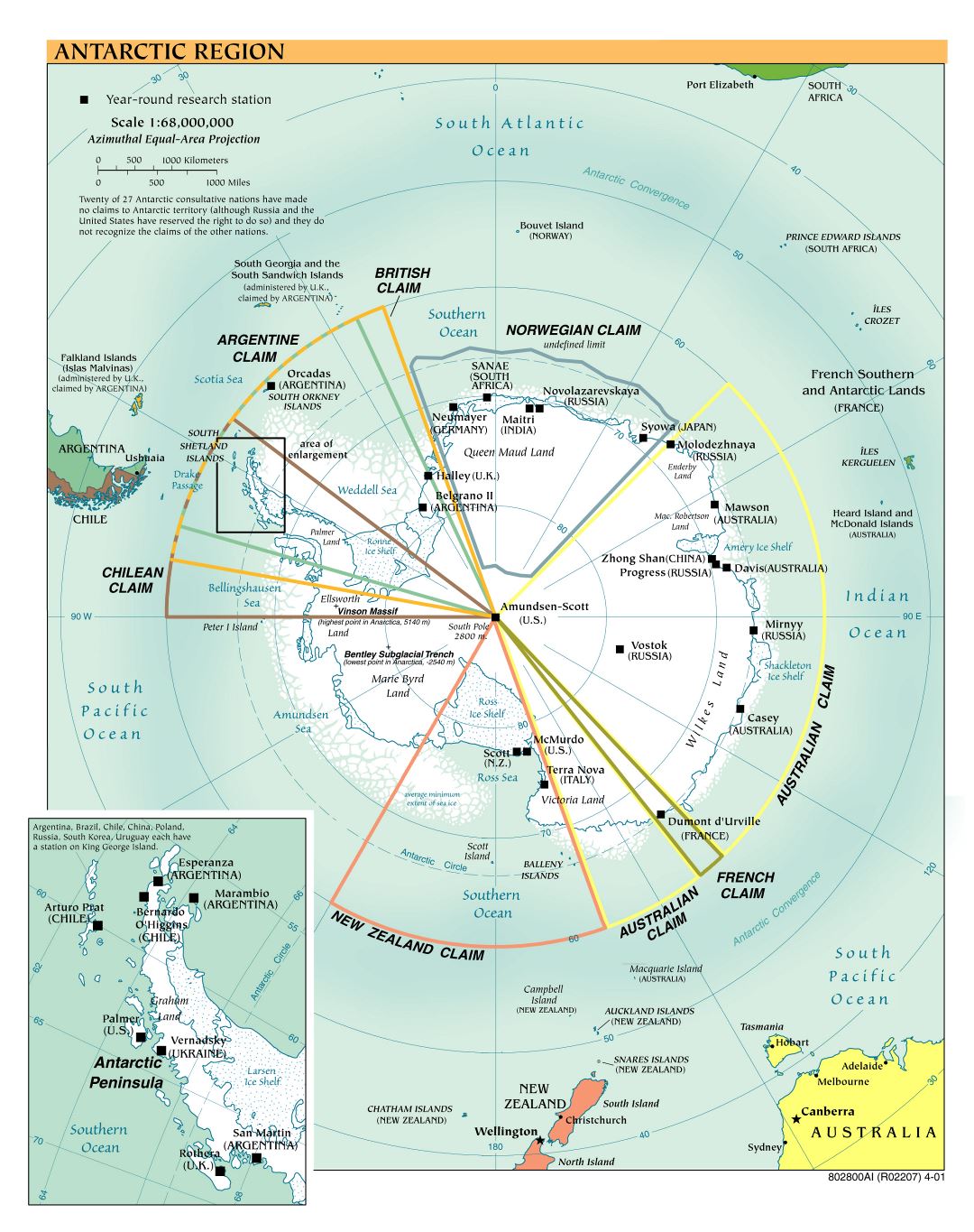 Large scale political map of Antarctic Region - 2001