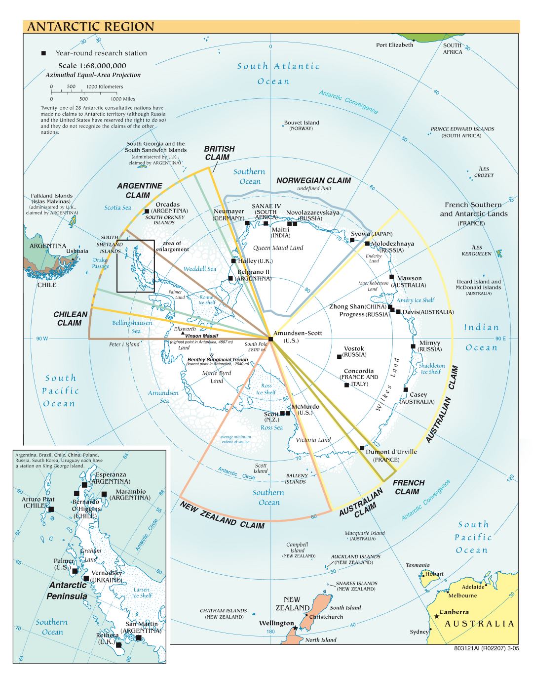 Large scale political map of Antarctic Region - 2005