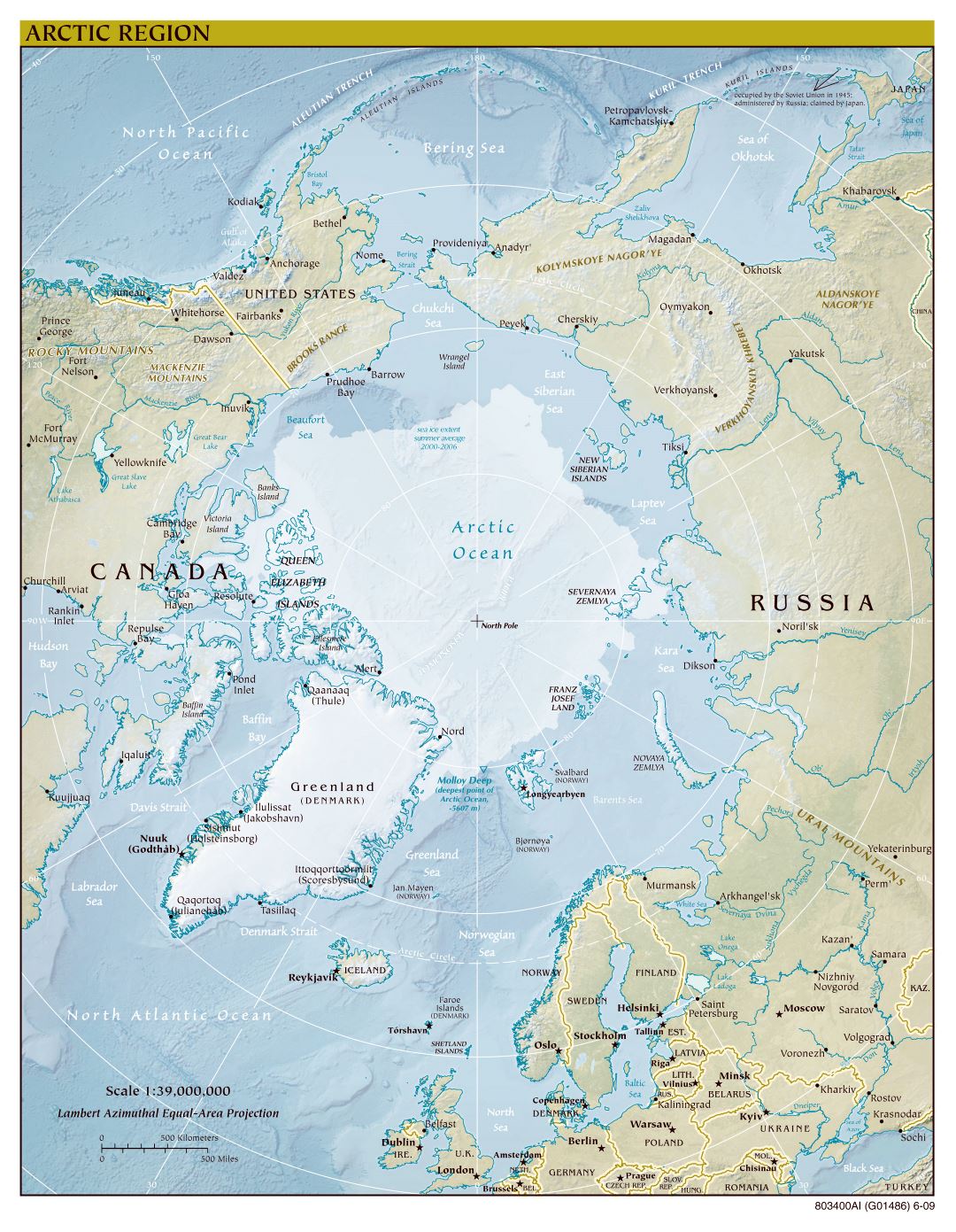 Large scale political map of Arctic Region with relief - 2009