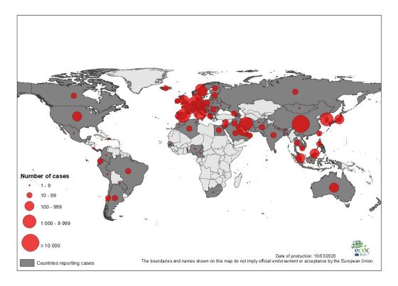 Coronavirus (Covid-19) geographical distribution World - 2020-03-10