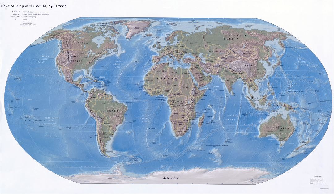 Large detailed physical and political map of the World with capitals and major cities - 2005