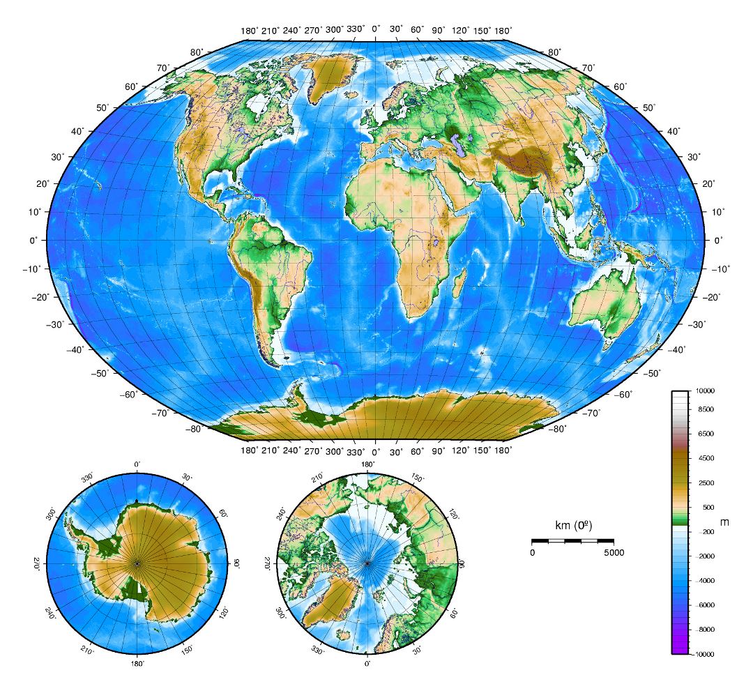 Large detailed physical map of the World