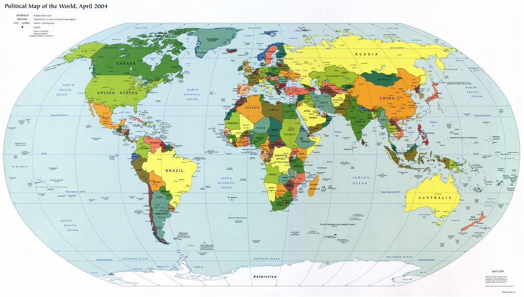 Large detailed political map of the World with capitals and major cities - 2004