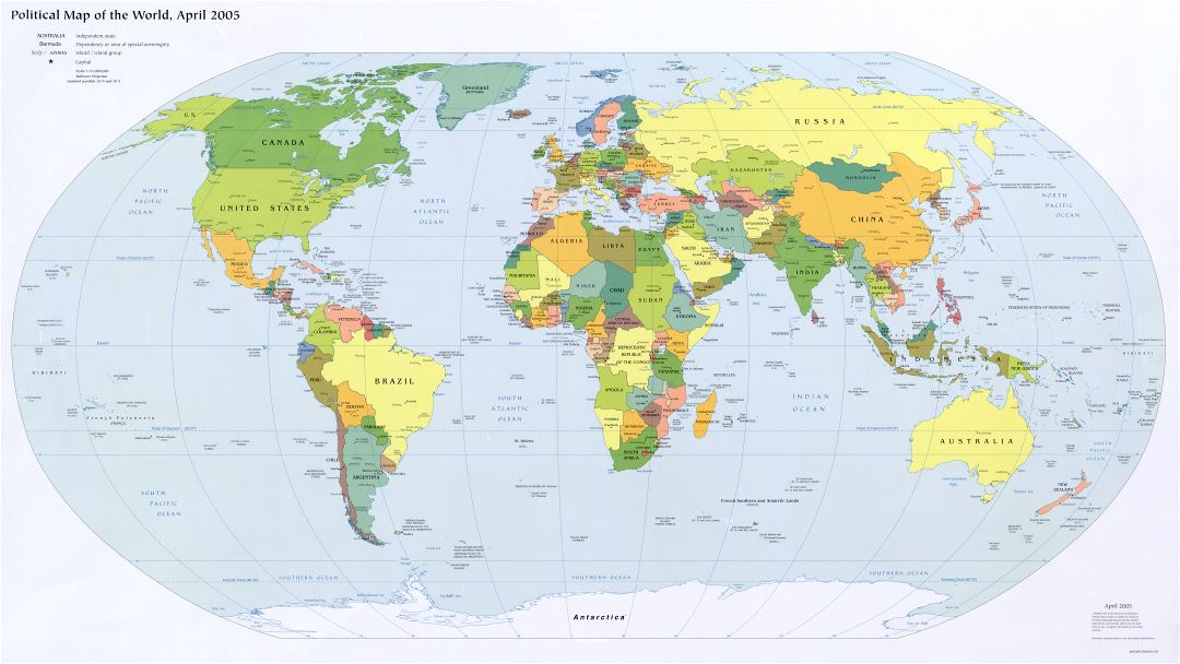 Large detailed political map of the World with capitals and major cities - 2005