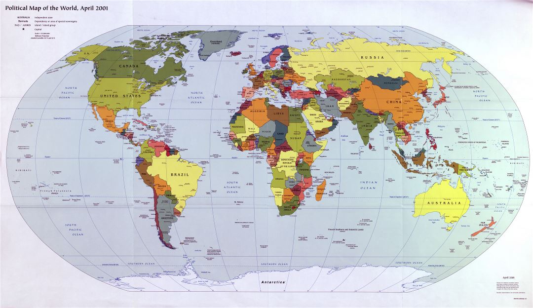 Large detailed political map of the World with major cities and capitals - 2001