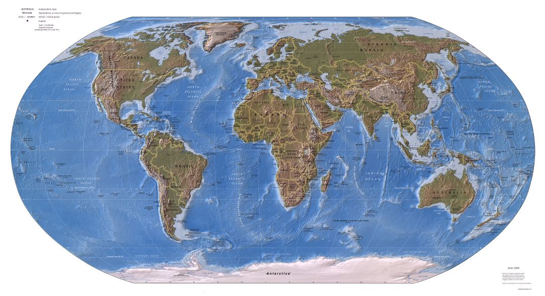 Large detailed political map of the World with relief and capitals - 2003