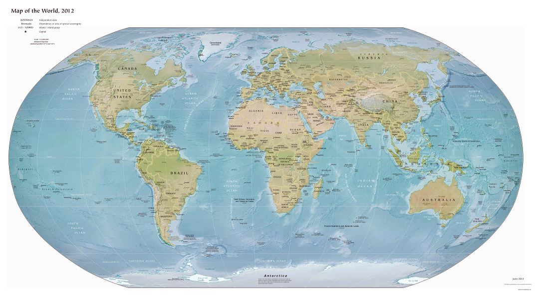 Large detailed political map of the World with relief and major cities - 2012