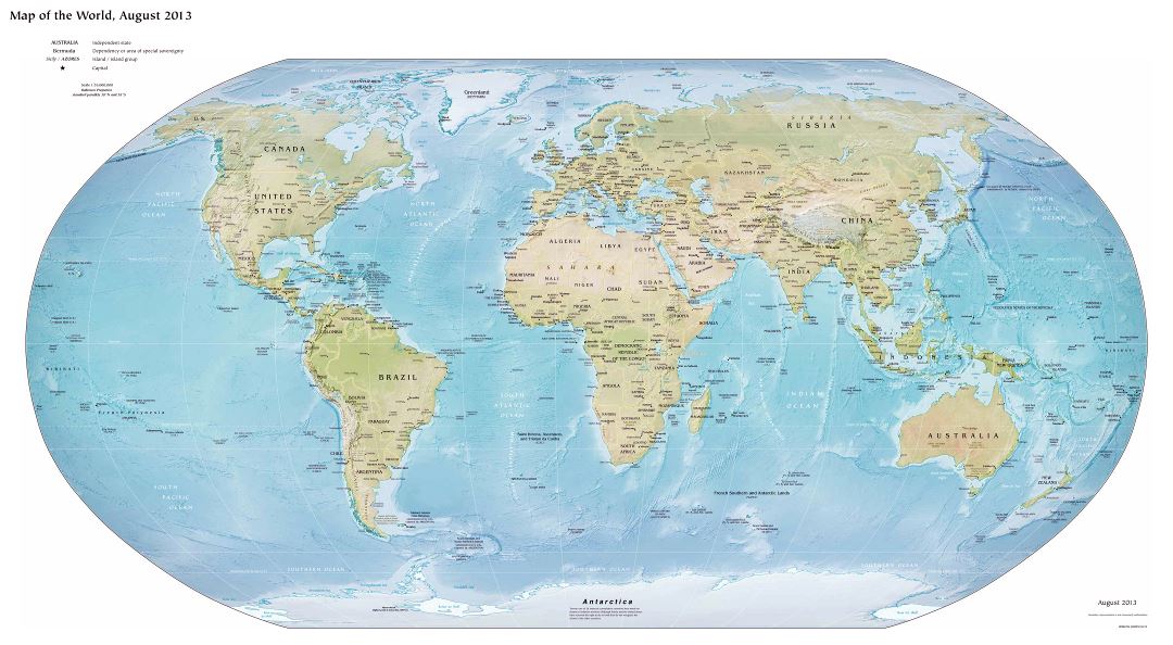 Large detailed political map of the World with relief and major cities - 2013