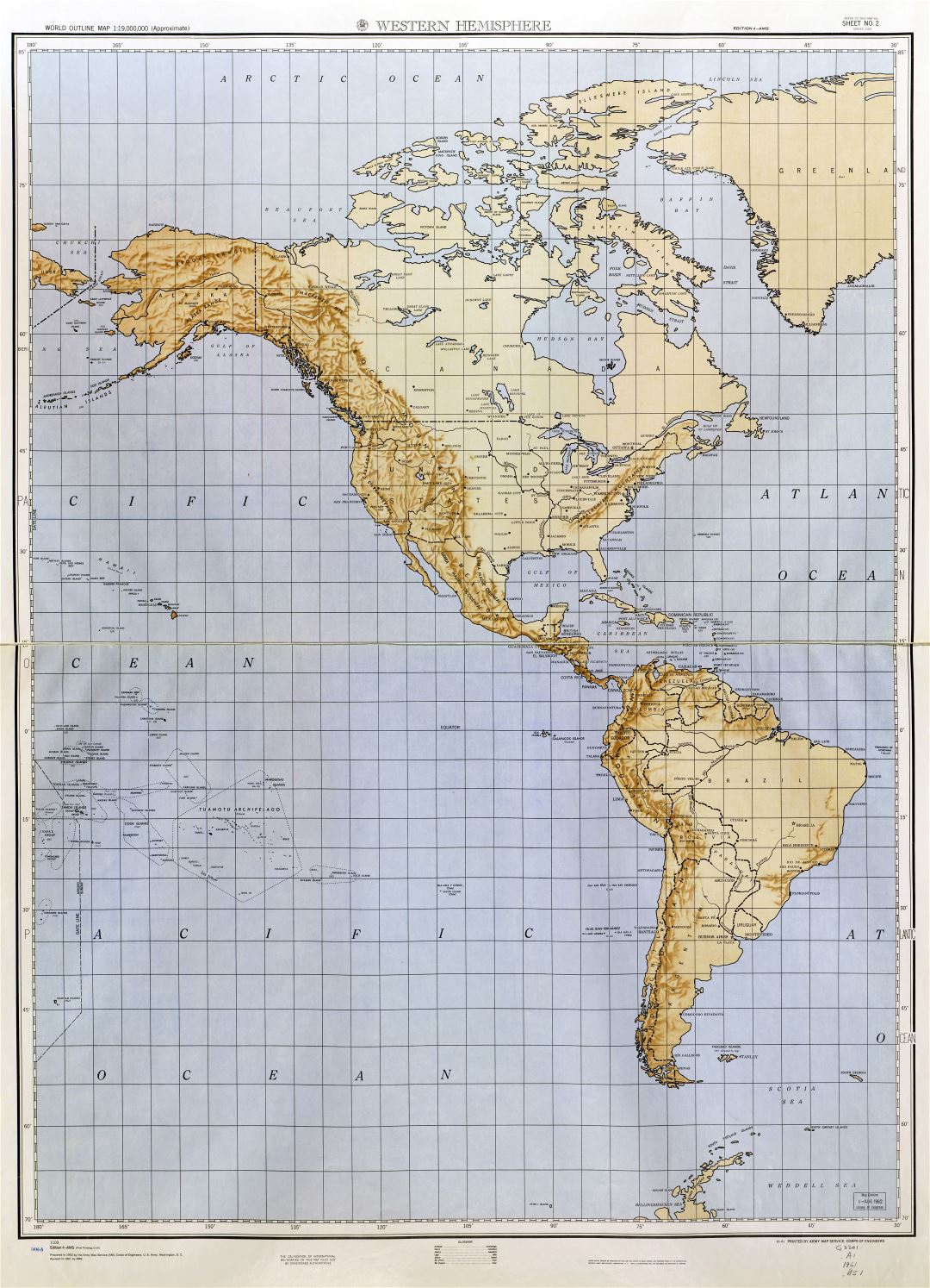 Large detailed World outline map with relief - part 1 (Western Hemisphere) 1961-62