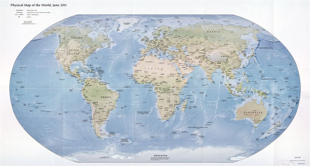 Large scale detailed physical and political map of the World - 2011