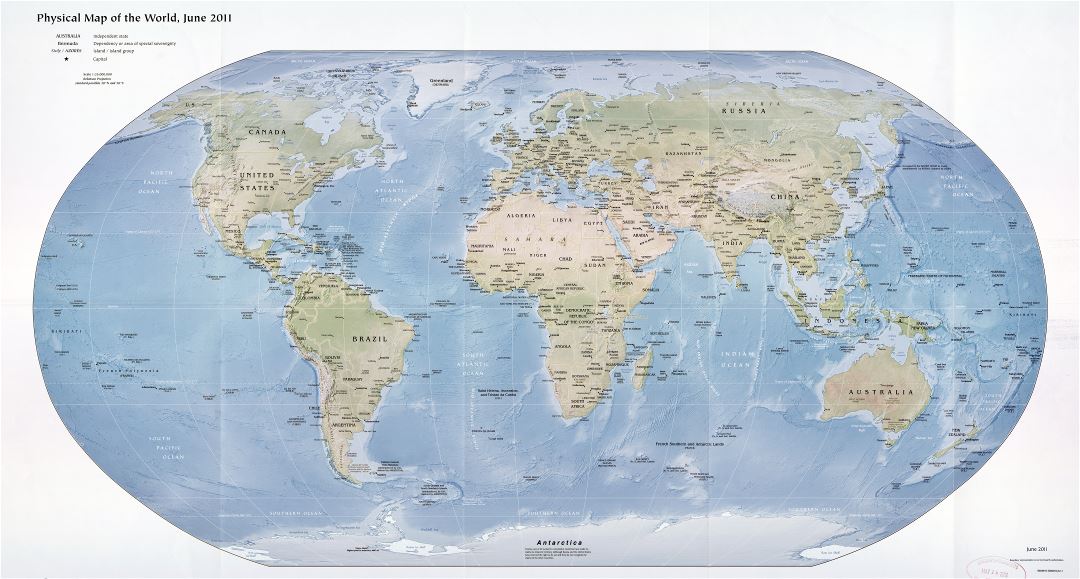 Large scale detailed physical and political map of the World - 2011