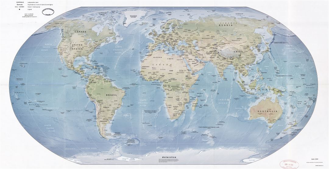 Large scale detailed political map of the World with relief and capitals - 2010