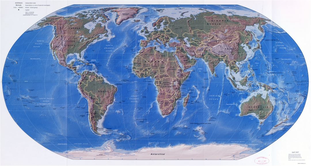 Large scale detailed political map of the World with relief, major cities and capitals - 2007