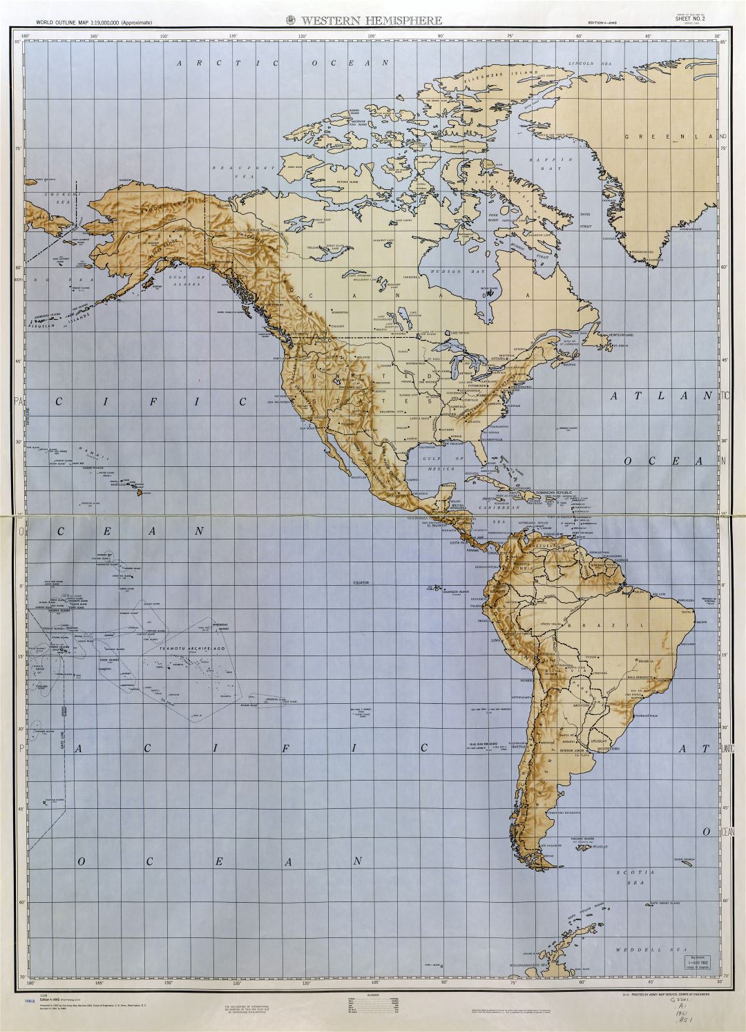 Large scale detailed World outline map with relief - part 1 (Western Hemisphere) 1961-62