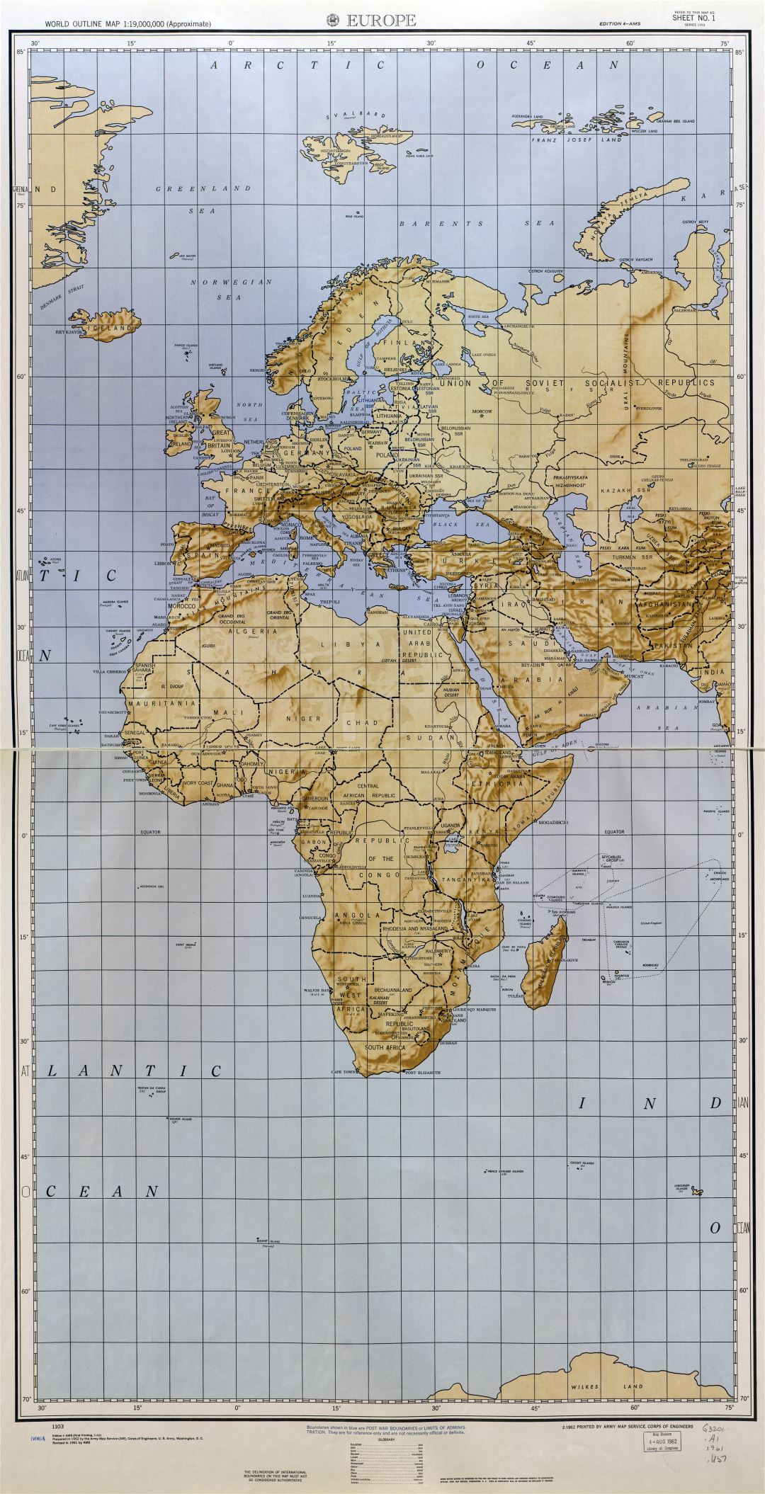 Large scale detailed World outline map with relief - part 2 (Europe) 1961-62