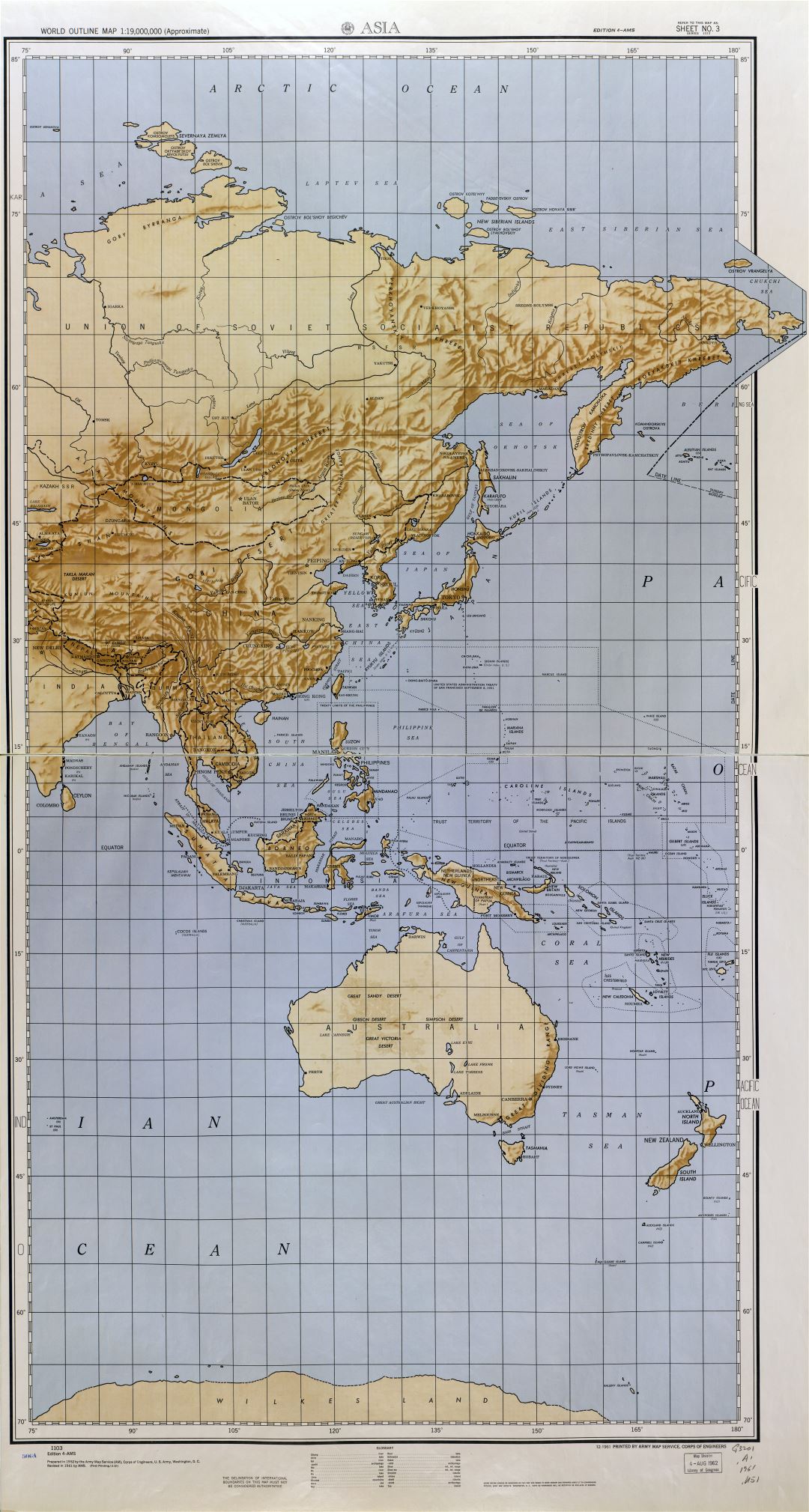 Large scale detailed World outline map with relief - part 3 (Asia) 1961-62