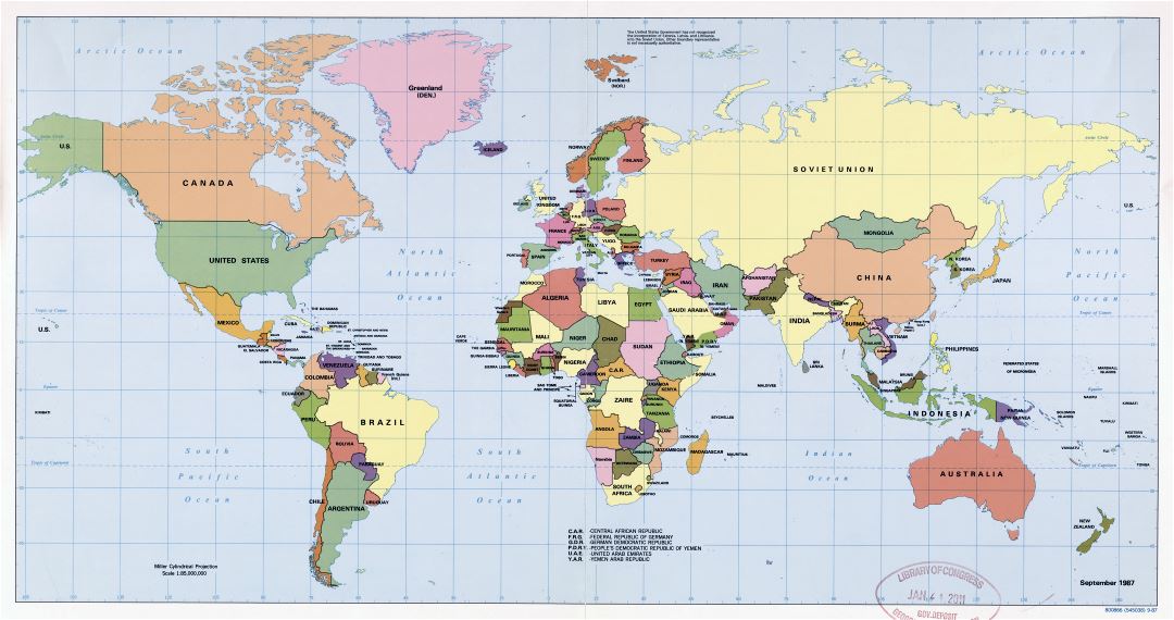 Large scale political map of the World - 1987