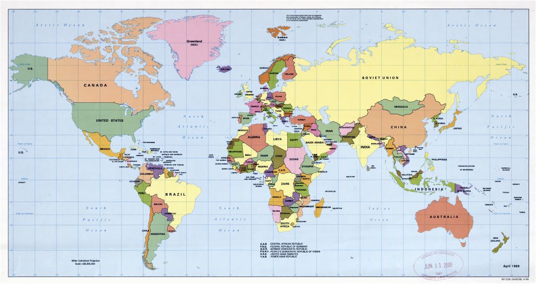 Large scale political map of the World - 1989
