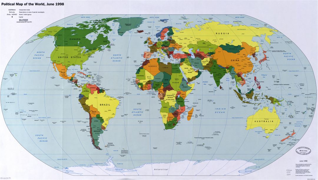 Large scale political map of the World with major cities and capitals - 1998