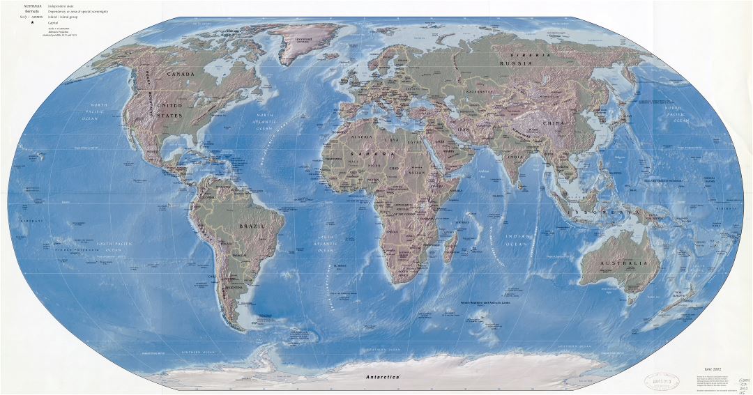 Large scale political map of the World with relief, major cities and capitals - 2002