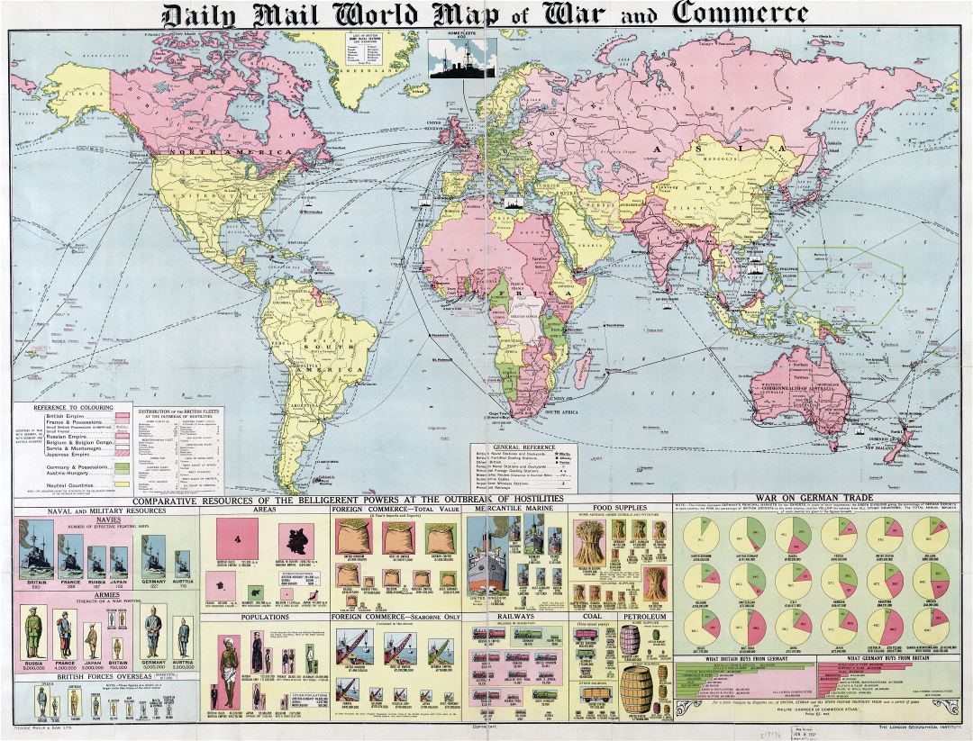 Large scale old Daily Mail World map of War and Commerce - 1917