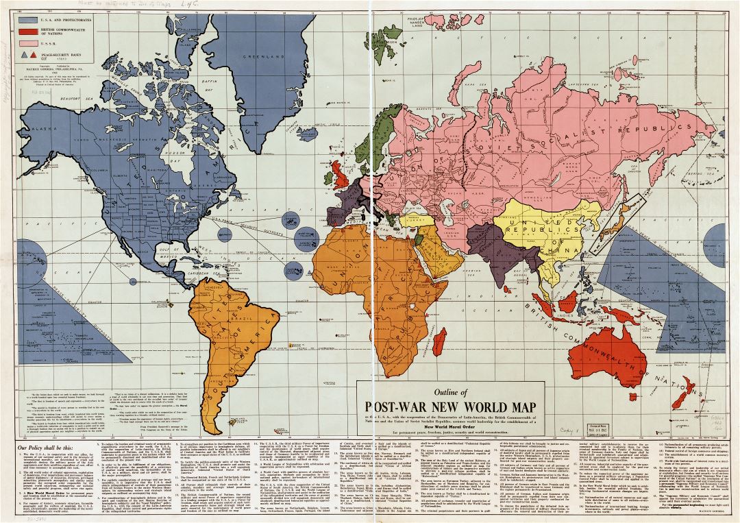 Large scale old outline of post war New World map - 1942