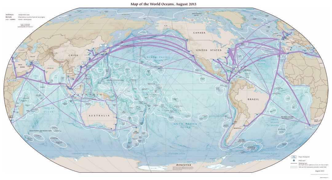 Large detailed map of World Oceans - 2013
