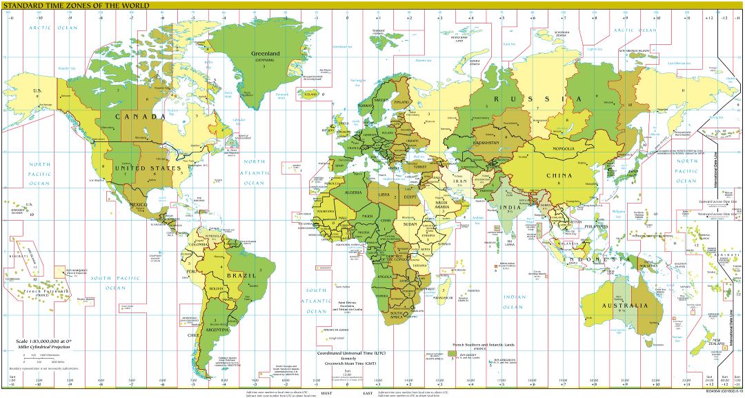 Large detailed Time Zones map of the World - 2010